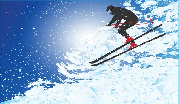 Le skieur descend de la montagne dans un tourbillon de neige - illustration d'art vectoriel . — Image vectorielle