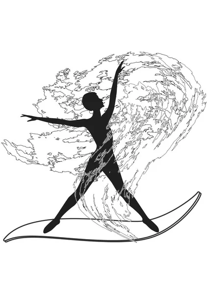 Skizze - Surfer - Frauensilhouette - Welle im Grunge-Stil - isoliert auf weißem Hintergrund - Kunstvektor. — Stockvektor