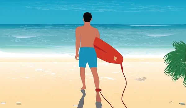 Surfer - man loopt aan zandstrand met sup board - zee met golven in grunge stijl - vectorillustratie. Reizen-poster — Stockvector