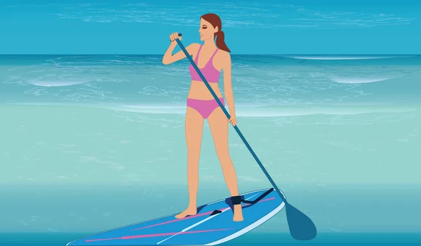 Surferin steht auf einem Brett mit einem Paddel - Meer mit Wellen im Grunge-Stil - Vektor-Illustration. Reiseposter — Stockvektor