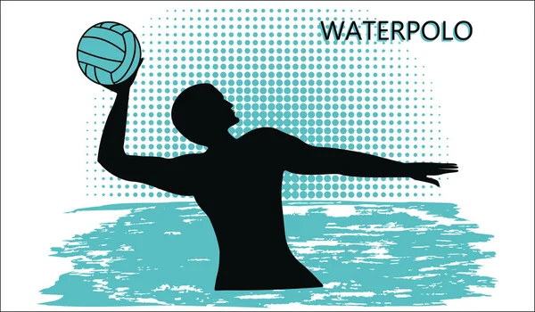 Wasserball. Silhouette des Spielers mit Ball - Welle im Grunge-Stil - isoliert auf weißem Hintergrund - Vektor-Illustration. — Stockvektor