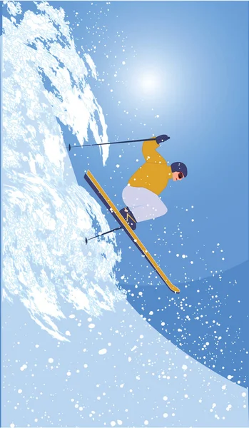 Deportes de invierno - Esquiador - Descenso extremo de las montañas - nieve y sol - ilustración de arte vectorial . — Archivo Imágenes Vectoriales