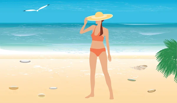 Chica en sombrero y traje de baño en la playa de arena - olas, surf, gaviota - ilustración vector de arte. Cartel de viaje . — Vector de stock