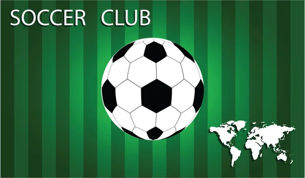 Pelota de fútbol sobre un fondo verde rayado con el logotipo del mapa del mundo - vector de arte. Póster Deportes — Archivo Imágenes Vectoriales