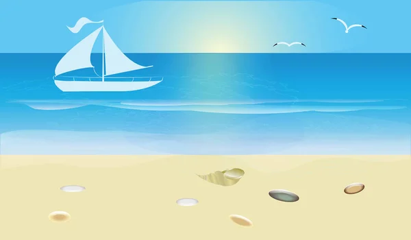 Blaue Meereslandschaft mit Brandung und Sandstrand, weiße Jacht, Sonne, Möwe - Art Vector Illustration. Reiseposter. — Stockvektor