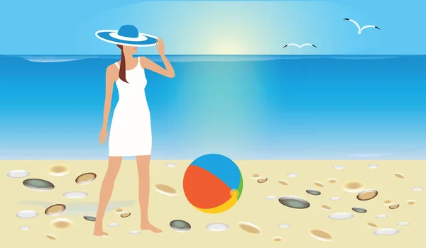 Морской пейзаж - женщина в летнем платье и шляпе стоит на песчаном пляже - арт-иллюстрация вектор путешествия плакат — стоковый вектор