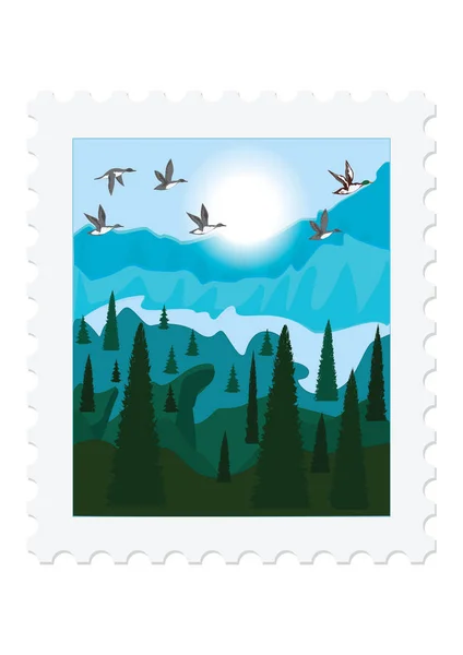 Postage stamp - Nature - Flock of wild ducks, mountains, river, forest - isolated on white background - vector art illustration. — Stock Vector