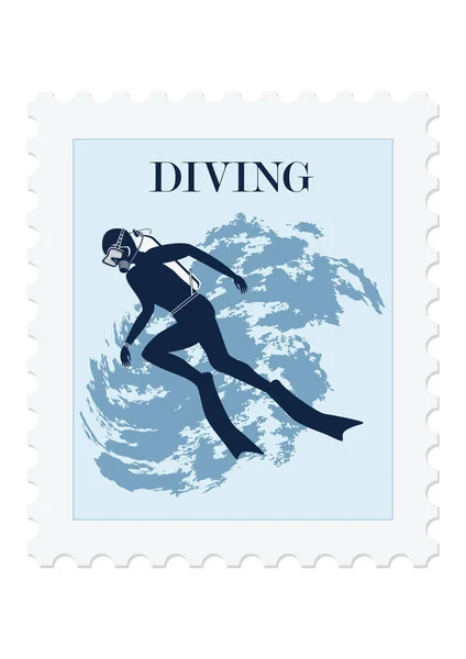 Postage stamp - Diver in mask and fins - isolated on white background - vector art illustration. Sports Collection — Stock Vector