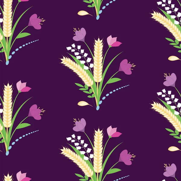 Motif - Bouquet de fleurs sauvages et d'épillets - fond lilas - illustration d'art vectoriel — Image vectorielle