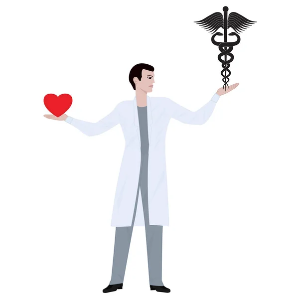 Läkare, manliga, i medicinska uniform, i ena handen håller en symbol av modern medicin - The Caduceus av Hermes - i andra handen ett rött hjärta - isolerade på vit bakgrund - vektor konst illustration — Stock vektor