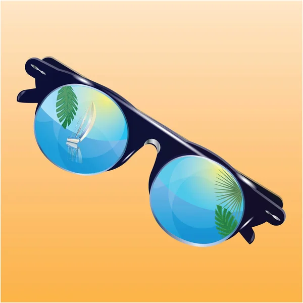 Occhiali da sole, rotondi con specchio riflesso di mare blu, yacht, foglie di palma, sole, - isolato su sfondo giallo - illustrazione d'arte vettoriale — Vettoriale Stock