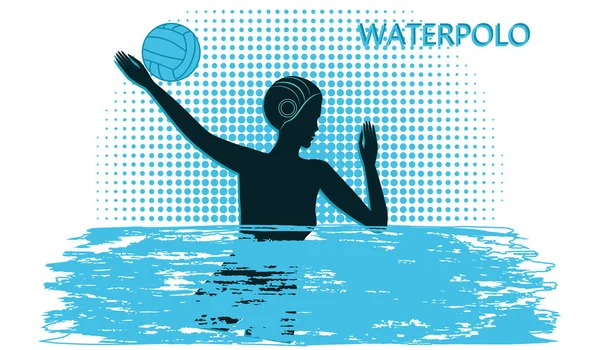 Wasserball. Silhouette einer Frau mit Ball - blau im Grunge-Stil Hintergrund - Vektor Art Illustration — Stockvektor