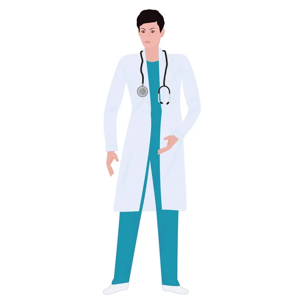 Arts met de stethoscoop, mannelijke, ernstige, elegant, in medische uniform - geïsoleerd op een witte achtergrond - vector kunst illustratie — Stockvector