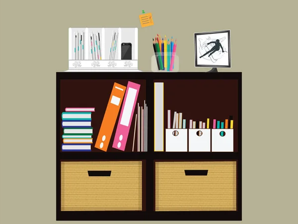 Interior Home Office Managemen - gabinete pequeño para papeles de negocios y gabinete de suministros de oficina - vector de ilustración de arte . — Vector de stock
