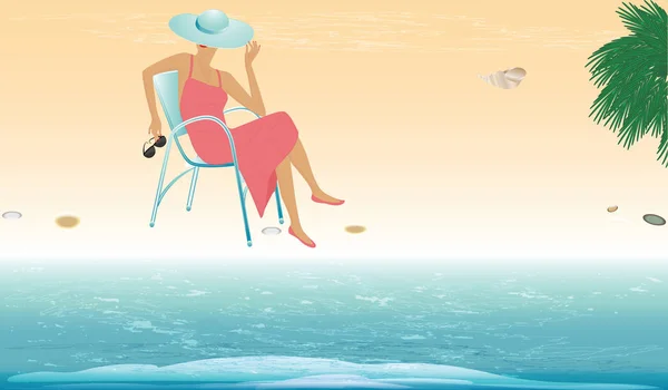 Отдохни на море. Женщина в шляпе сидит в кресле и смотрит на серфинг - векторную художественную иллюстрацию. Плакат путешествий — стоковый вектор