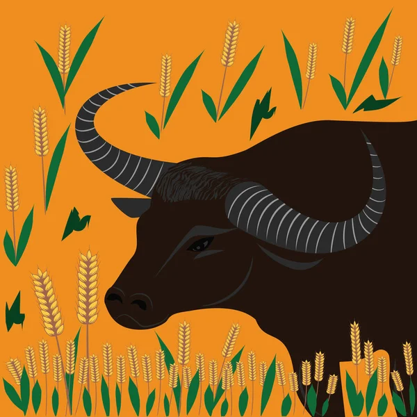 Búfalo asiático con cuernos largos se encuentra en un campo con trigo - fondo amarillo brillante - ilustración de arte vectorial. Cartel de viaje — Vector de stock