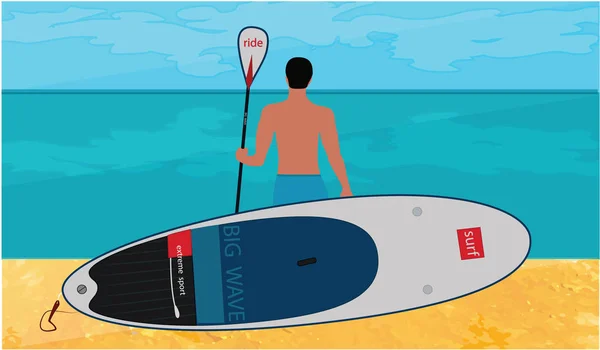 Sapboarding - hombre con una tabla para el surf y paddle stands en la playa de arena del mar - ilustración vectorial. Cartel turístico — Archivo Imágenes Vectoriales