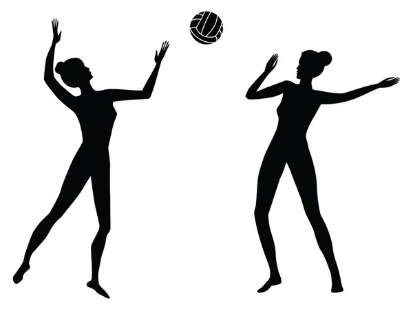 Esboço. Voleibol - duas meninas jogar bola - isolado no fundo branco - arte vetor — Vetor de Stock