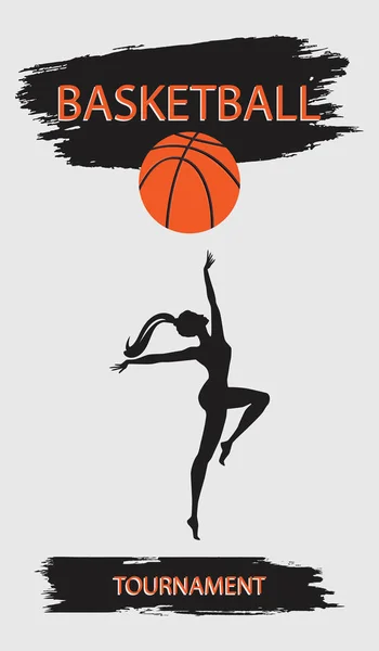 Baloncesto - chica lanza una pelota - pinceladas negras sobre un fondo claro - ilustración de arte vectorial. Póster deportivo . — Archivo Imágenes Vectoriales