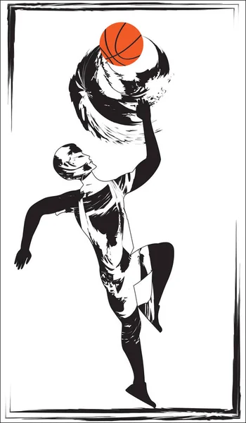 Jugador de baloncesto con balón - elemento grunge - aislado sobre fondo blanco - arte vectorial. Póster deportivo — Archivo Imágenes Vectoriales
