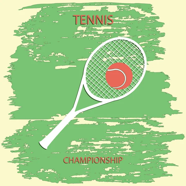 Raquete de tênis, bola - fundo verde grunge - inscrição Campeonato de tênis - vetor de arte. Cartaz desportivo —  Vetores de Stock