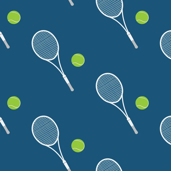 Patrón deportivo - tenis - raqueta blanca y bolas verdes - sobre un fondo azul oscuro - vector de arte — Vector de stock