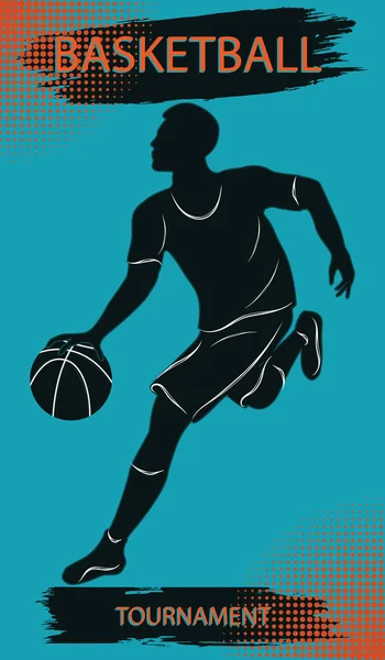 Jugador de baloncesto con pelota - inscripción Campeonato de baloncesto - fondo con elementos de decoración, pincelada - vector de arte. Póster deportivo — Archivo Imágenes Vectoriales