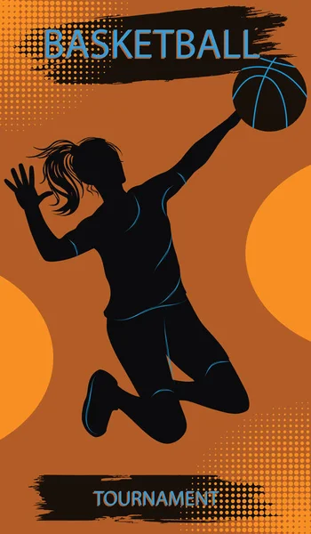 Спортсменка в прыжке с баскетбольным мячом - вектор искусства. Плакат чемпионата по баскетболу — стоковый вектор