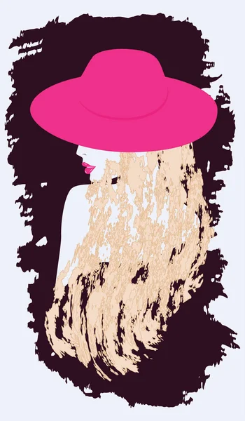 エレガントな帽子 - 明るいピンクの唇 - グランジ ブロンドの髪長いと黒抽象的な要素 - 白い背景ベクトル アート イラストに分離された女性のシルエット — ストックベクタ