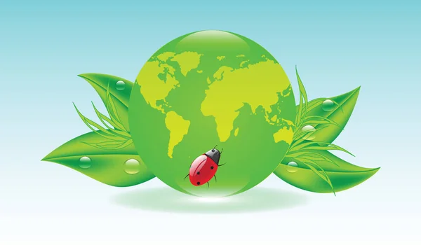 Bola verde en forma de globo con hojas, gotas de rocío, mariquita - fondo de luz suave - Cartel - Ecología, Día de la Tierra - ilustración de vectores de arte — Vector de stock