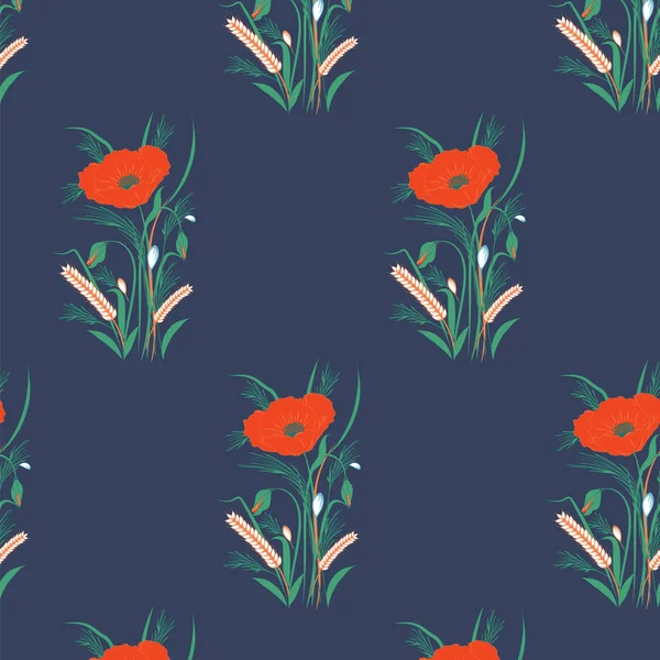 Motif - fleurs sauvages - Coquelicots rouges, bourgeons, épis de blé - fond bleu foncé - vecteur d'art — Image vectorielle