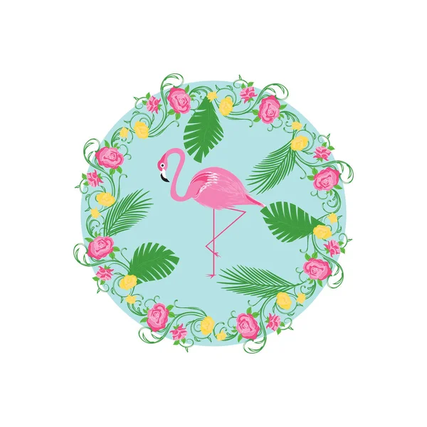 Icon - rosa Flamingo in rundem Rahmen mit exotischen Blumen - isoliert auf weißem Hintergrund - Art Vector Illustration — Stockvektor