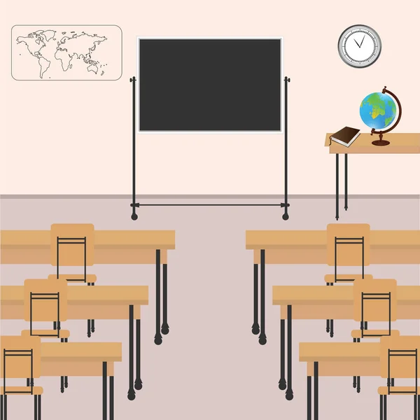 Képzési osztály - asztalok, székek, tábla, globe - világos háttér - vektor illusztráció. — Stock Vector
