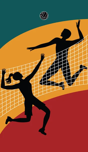 Volleybal. Vrouw en man gokken met de bal over het net - lichte abstracte achtergrond - vector kunst. Sport-Poster. — Stockvector