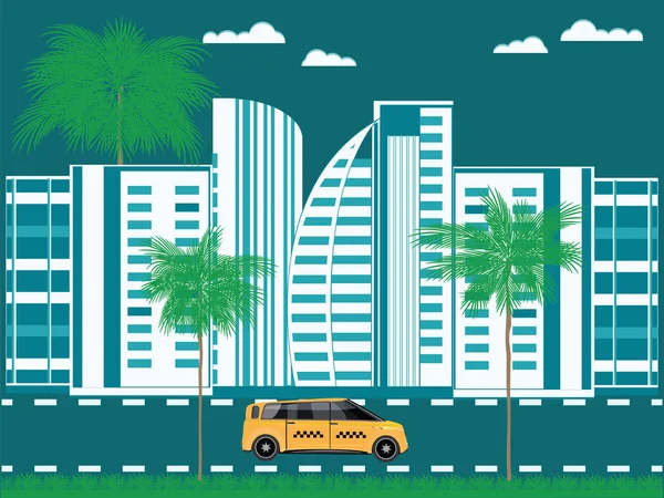 Taxi sobre el fondo de una moderna ciudad del sur, con palmeras y césped - ilustración de arte vectorial. Servicio al cliente. Cartel de viaje — Archivo Imágenes Vectoriales