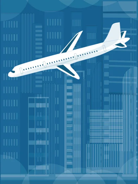 Avião voando contra o pano de fundo de uma cidade moderna - ilustração de arte vetorial Atendimento ao cliente. Poster de viagem — Vetor de Stock