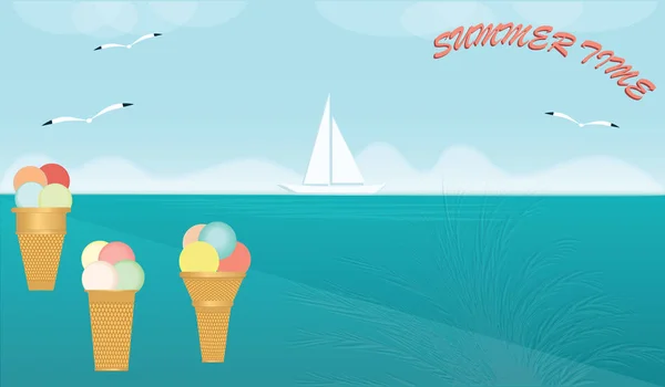Zeegezicht - jacht en meeuw - ijs in wafel glazen - vector kunst illustratie reizen Poster set — Stockvector