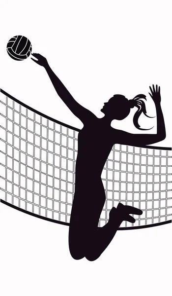 Jugador de voleibol, chica saltando, bola, rejilla - aislado sobre fondo blanco - ilustración de arte vectorial — Vector de stock