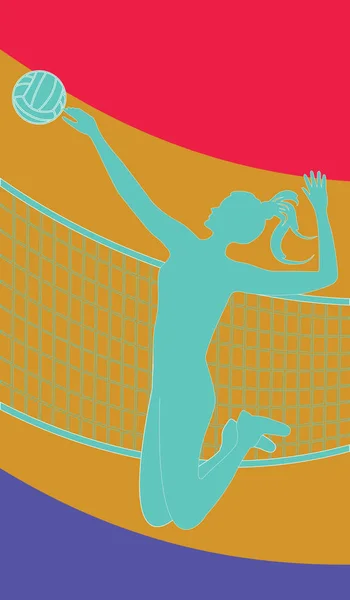 Póster deportivo - Voleibol - silueta de una chica saltando y fuerte lanzando una pelota a través de una rejilla - fondo abstracto - ilustración de arte vectorial — Vector de stock