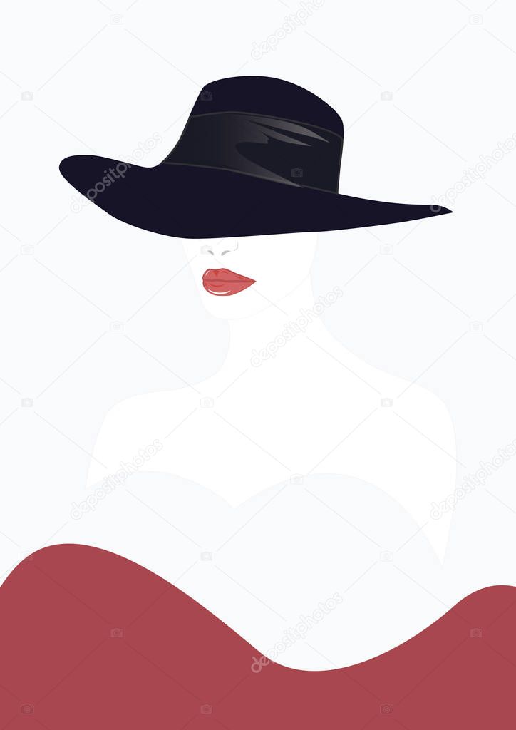Image of a woman's face - red lips and black elegant hat - isolated on white background - vector art illustration