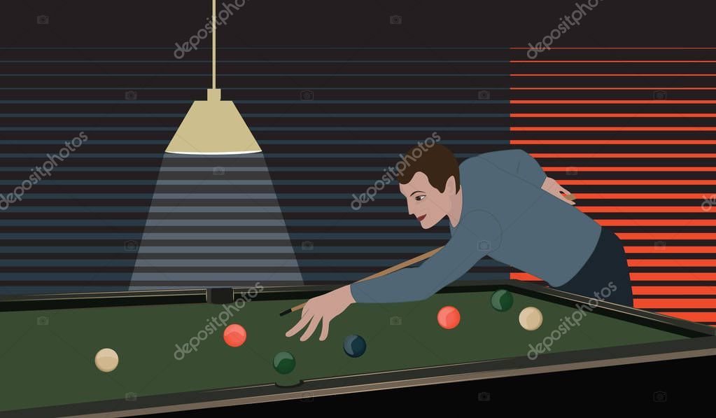 Billiard room - men with cue - billiard table with balls - art creative vector illustration