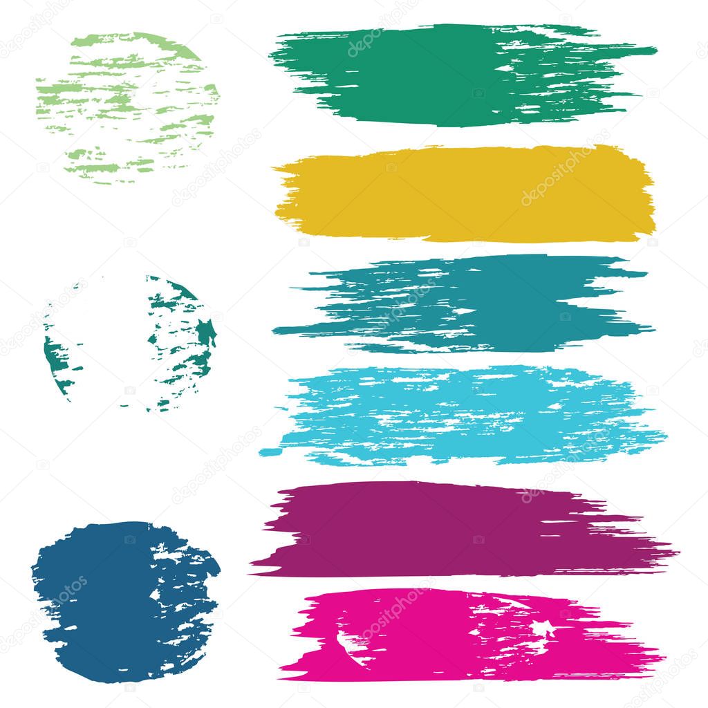 Set of colorful brush strokes in grunge style - straight lines and round shapes - art vector