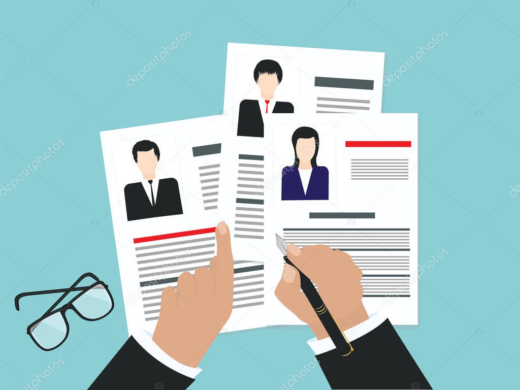 Personnel management - choice of candidate, resume forms with photo, flat style - vector illustration Concept of human resources management