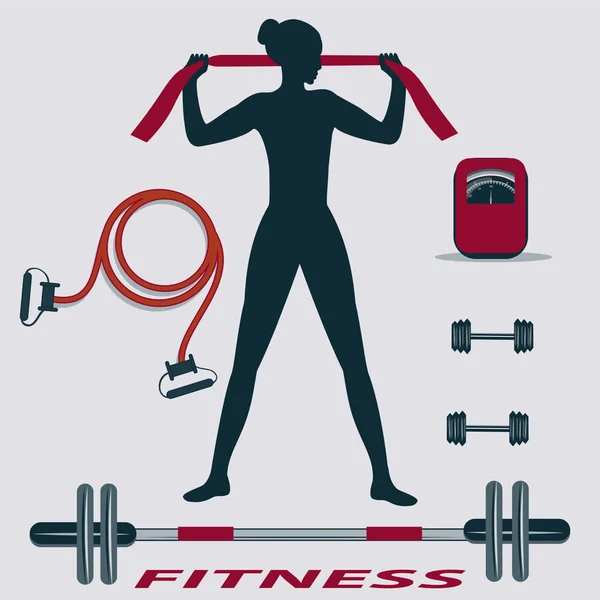 Silhouet van een meisje met een elastiekje - outdoor schubben, springtouw, halters, lange halter - vector. Fitness Sportclub. Lichamelijke oefening. — Stockvector