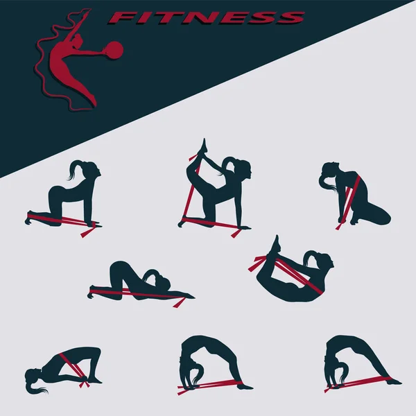 Conjunto de oito exercícios - silhuetas de meninas com um elástico - vetor. Banner para fitness e clube de esportes —  Vetores de Stock