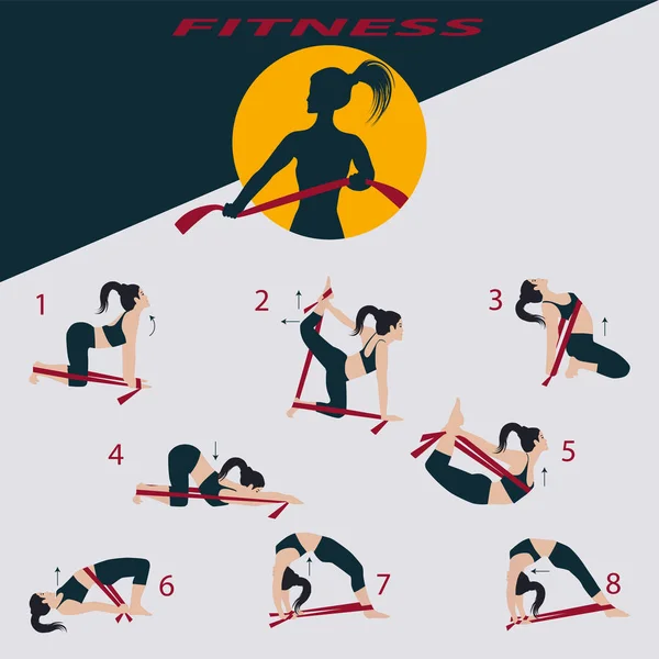 Meisjes met elastiekje - set van acht oefeningen - vector. Banner voor fitness en sportclub — Stockvector