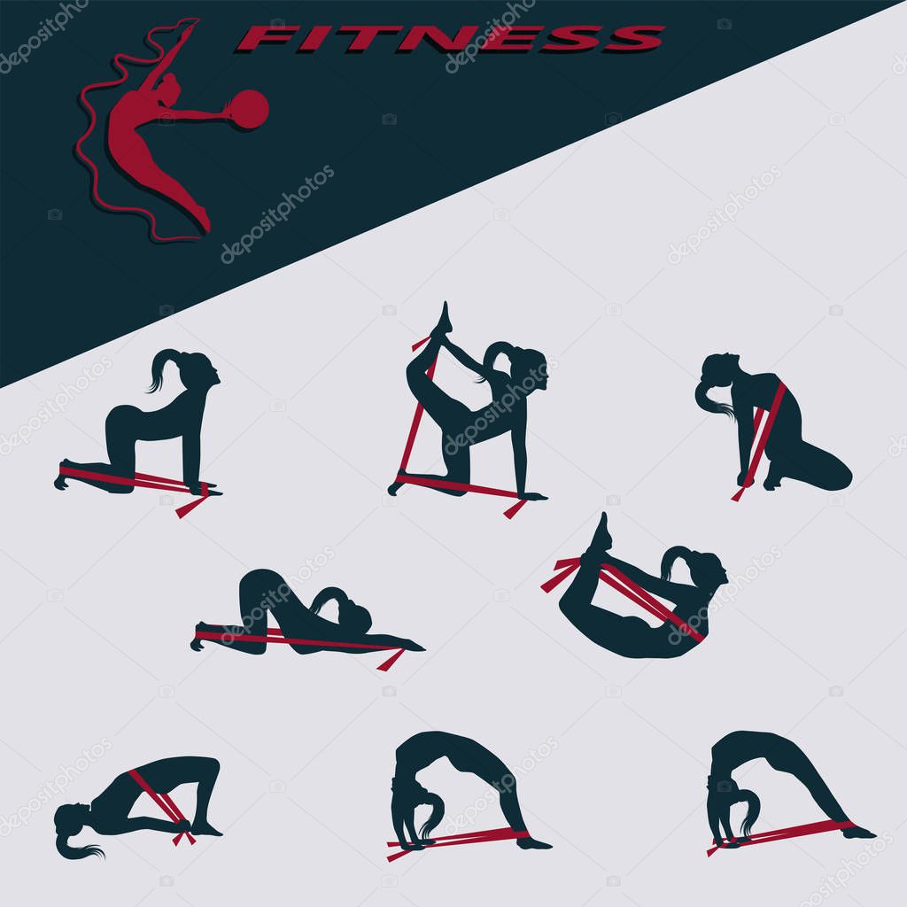 Set of eight exercises - silhouettes of girls with a rubber band - vector. Banner for fitness and sports club