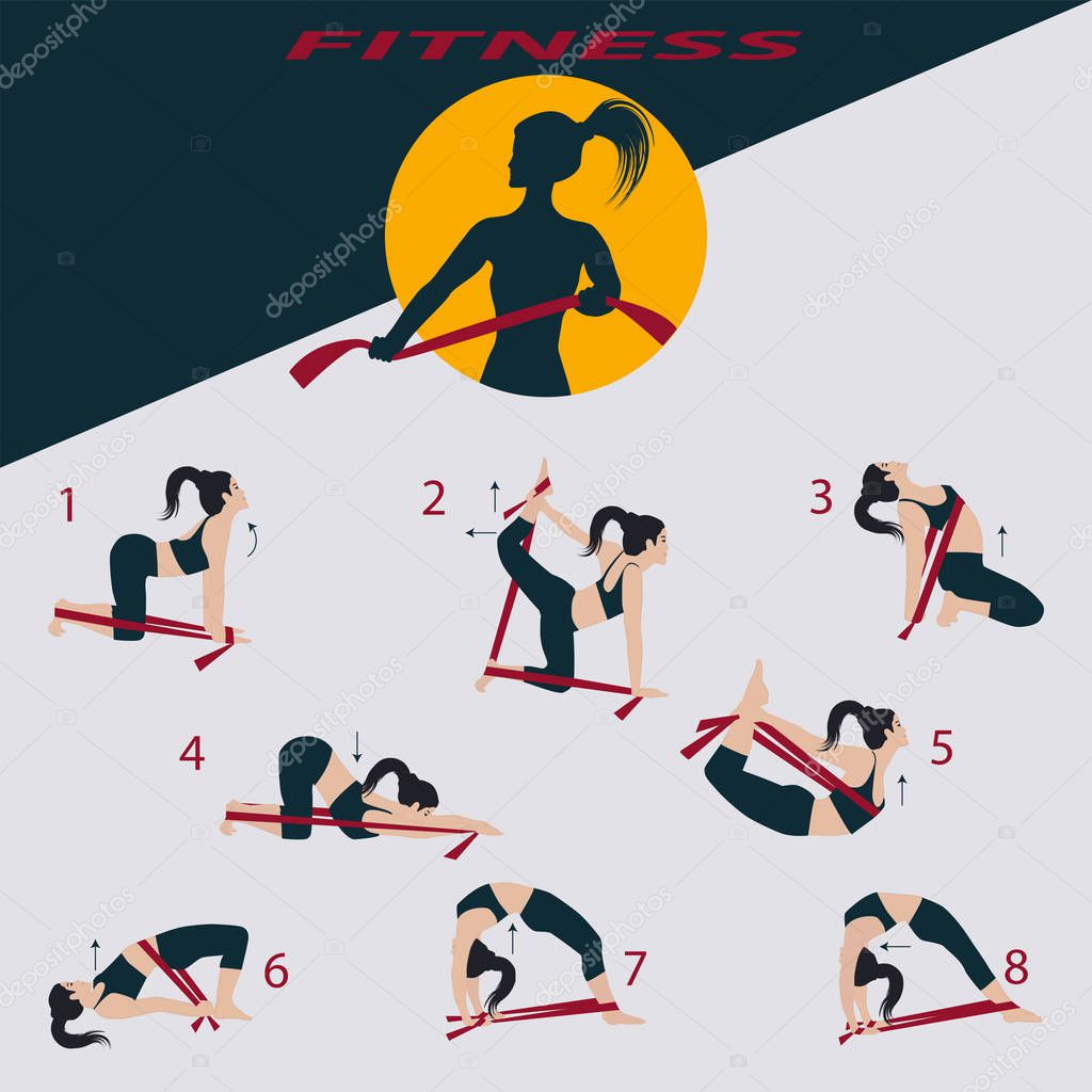 Girls with rubber band - set of eight exercises - vector. Banner for fitness and sports club
