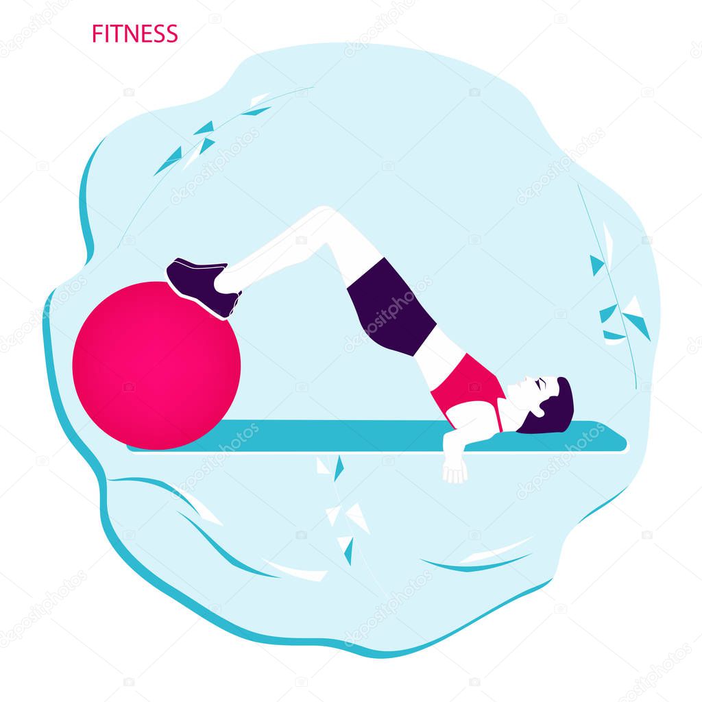 Sport. Rubber ball, woman doing exercises for leg muscles - abstract icon - isolated on white background - art, vector. Fitness concept. Active lifestyle
