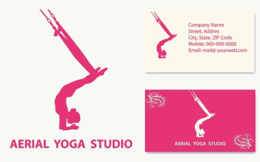 Havadan Yoga - kartvizitli, pembe - siluet kız ipek kurdeleye baş aşağı asılı - vektör. Spor sektörü.